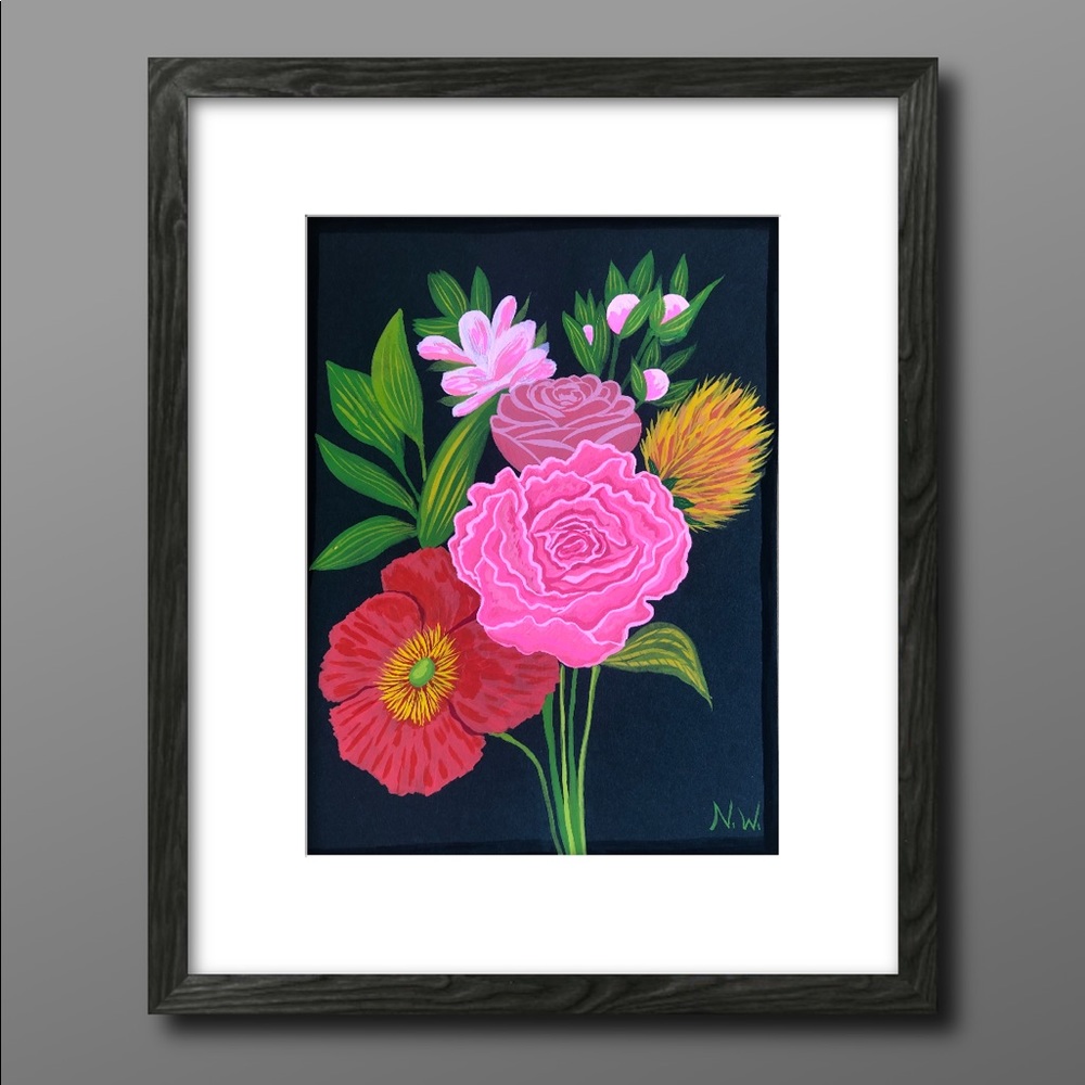💐 Floral Painting on Black Paper Flowers Bouquet
